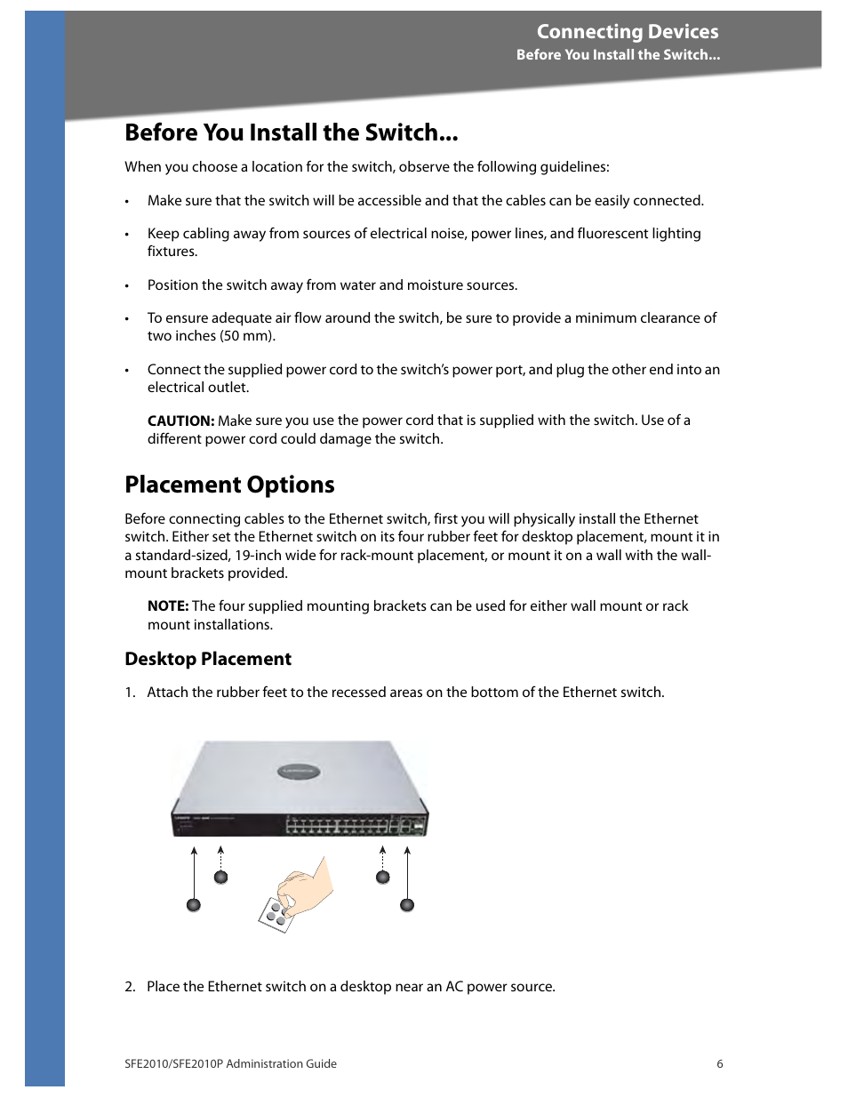 Before you install the switch, Placement options, Desktop placement | Connecting devices | Linksys SFE2010 User Manual | Page 9 / 67