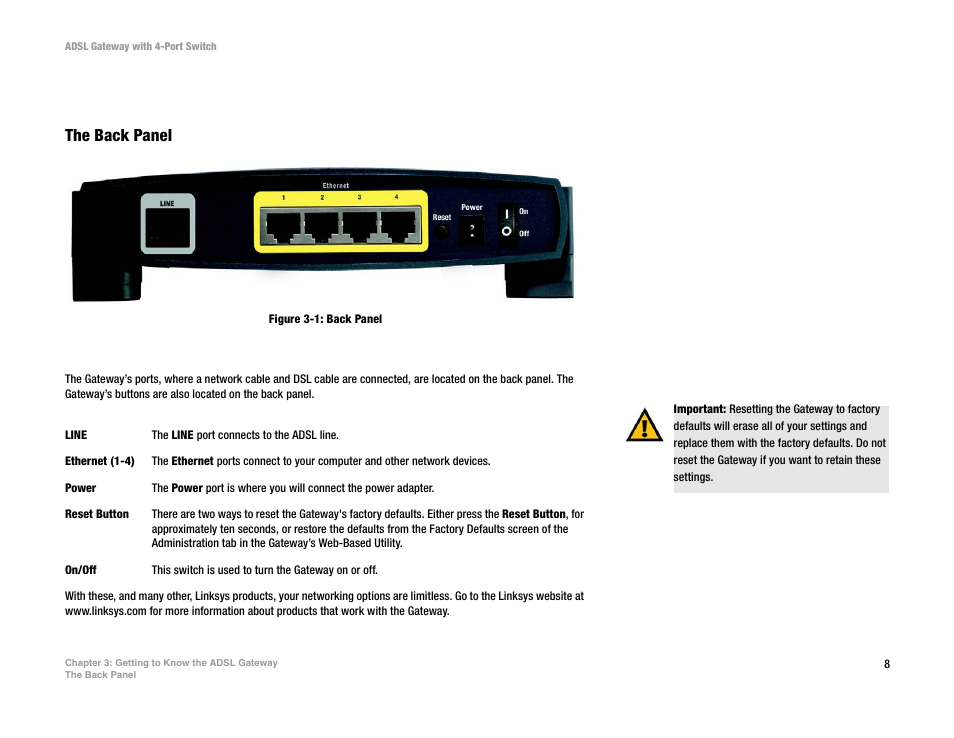 Chapter 3: getting to know the adsl gateway, The back panel | Linksys AG041 (EU) User Manual | Page 15 / 80