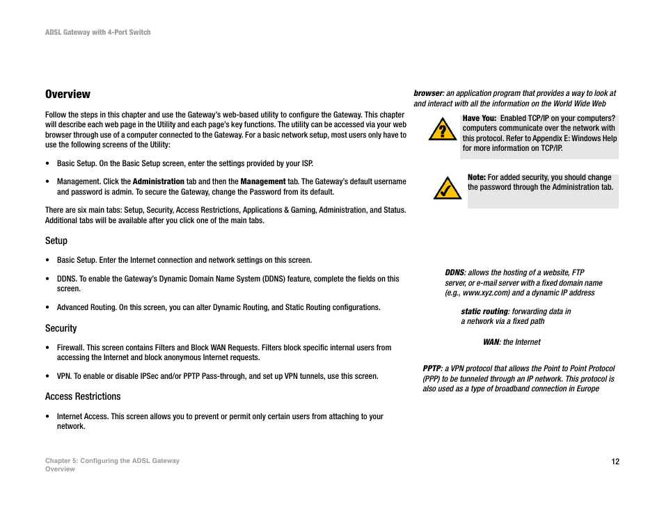 Chapter 5: configuring the adsl gateway, Overview | Linksys AG041 (EU) User Manual | Page 19 / 80