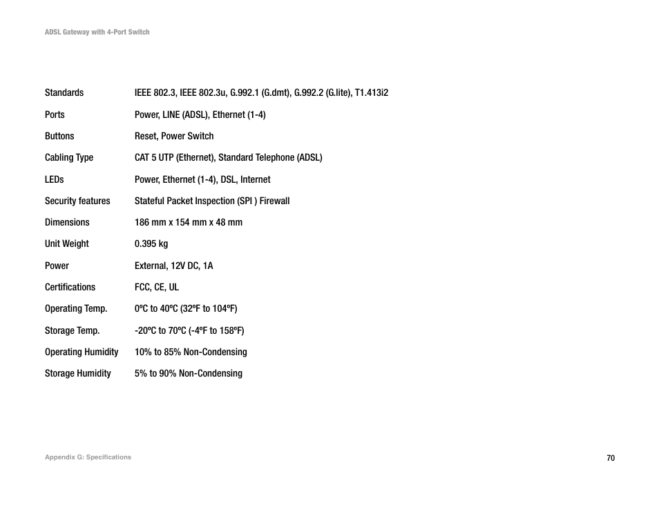 Appendix g: specifications | Linksys AG041 (EU) User Manual | Page 77 / 80