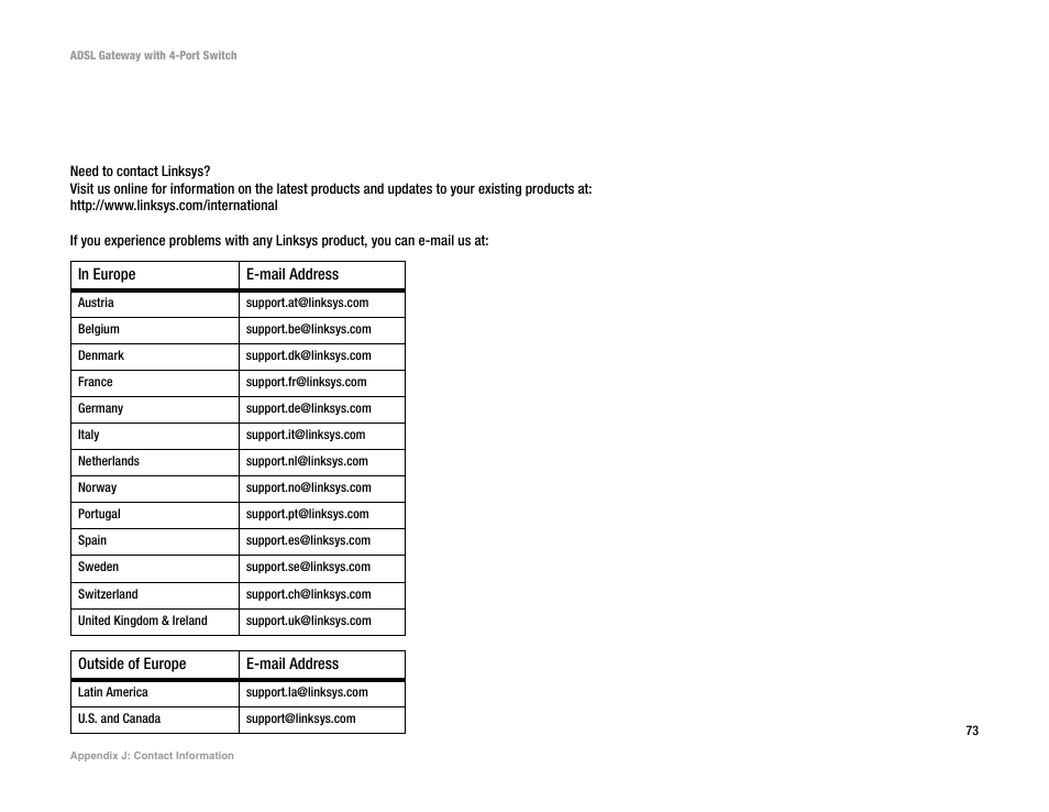 Appendix j: contact information | Linksys AG041 (EU) User Manual | Page 80 / 80