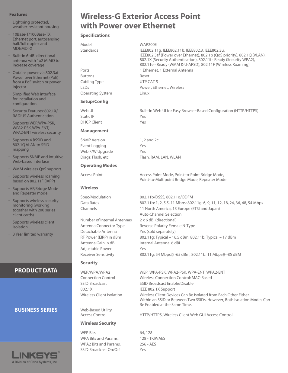 Product data, Business series | Linksys WAP200E User Manual | Page 2 / 3