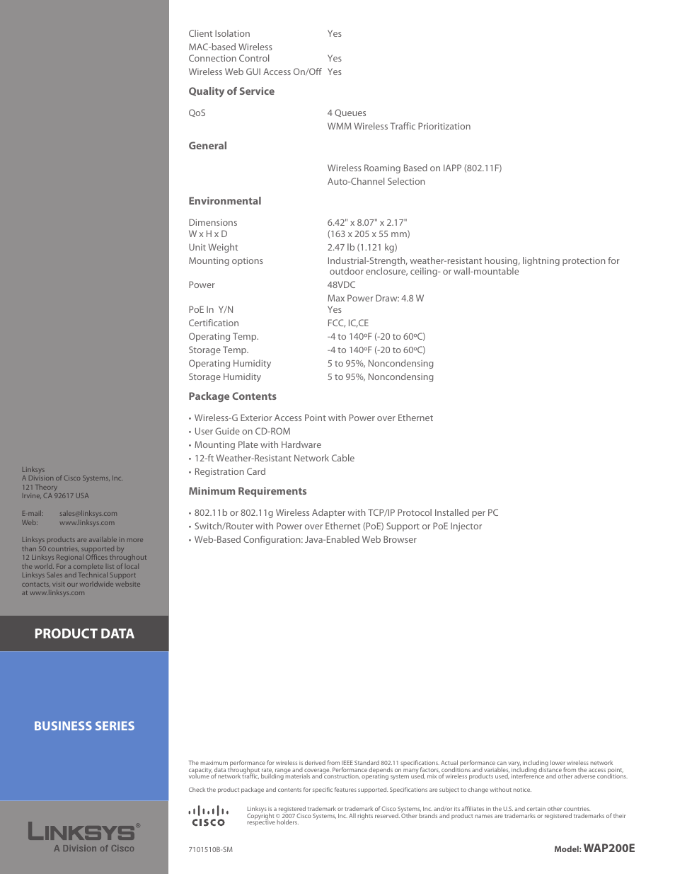 Product data, Business series, Wap200e | Linksys WAP200E User Manual | Page 3 / 3