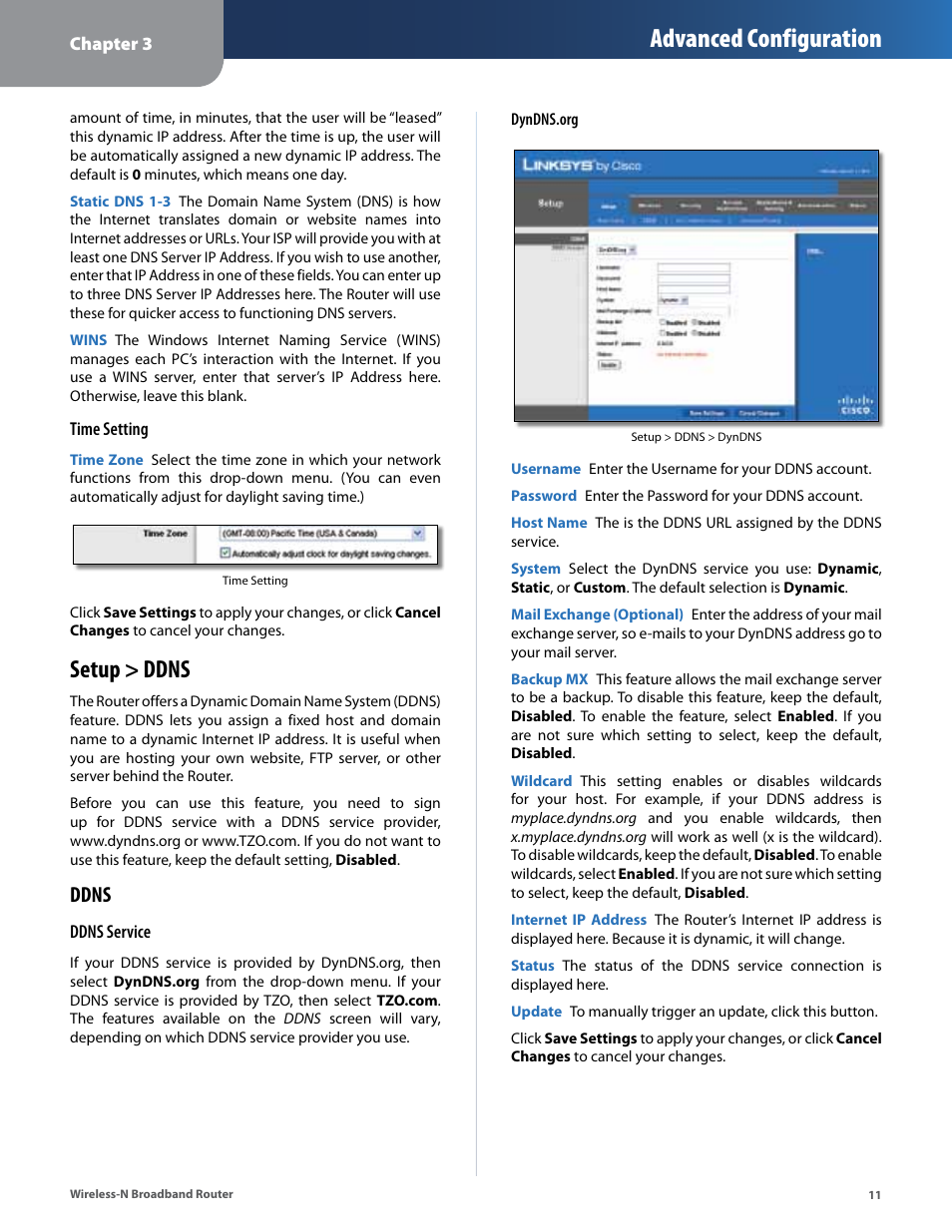 Setup > ddns, Advanced configuration, Ddns | Linksys IWIRELESS-N WRT160N User Manual | Page 12 / 168
