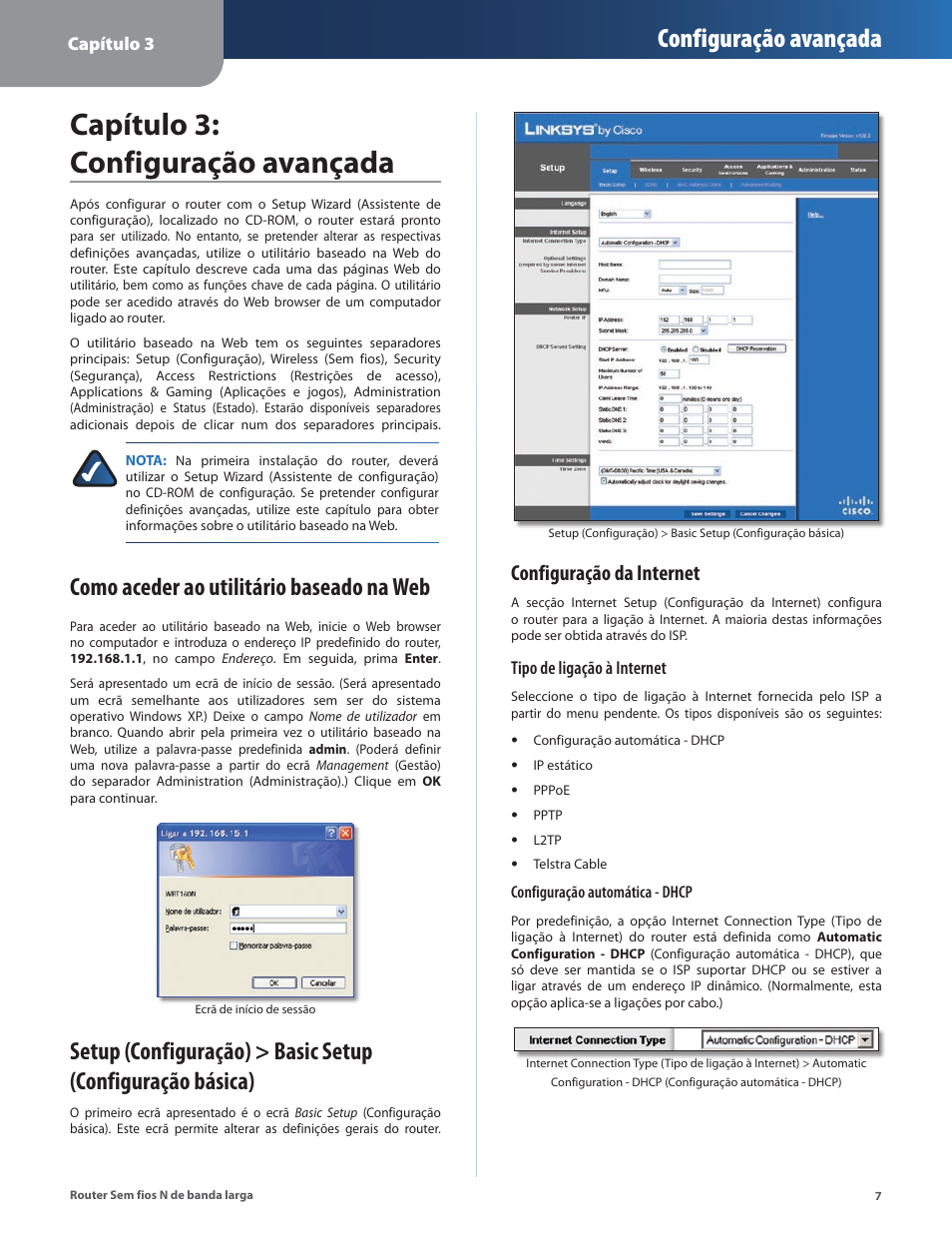 Capítulo 3: configuração avançada, Configuração avançada, Como aceder ao utilitário baseado na web | Configuração da internet | Linksys IWIRELESS-N WRT160N User Manual | Page 120 / 168