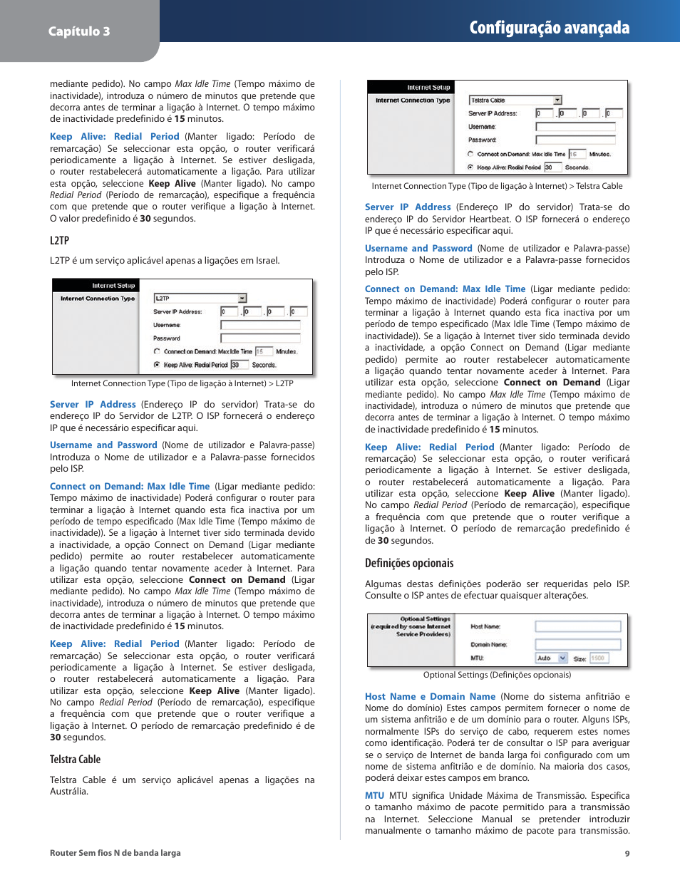 Configuração avançada, Capítulo 3, Definições opcionais | Linksys IWIRELESS-N WRT160N User Manual | Page 122 / 168