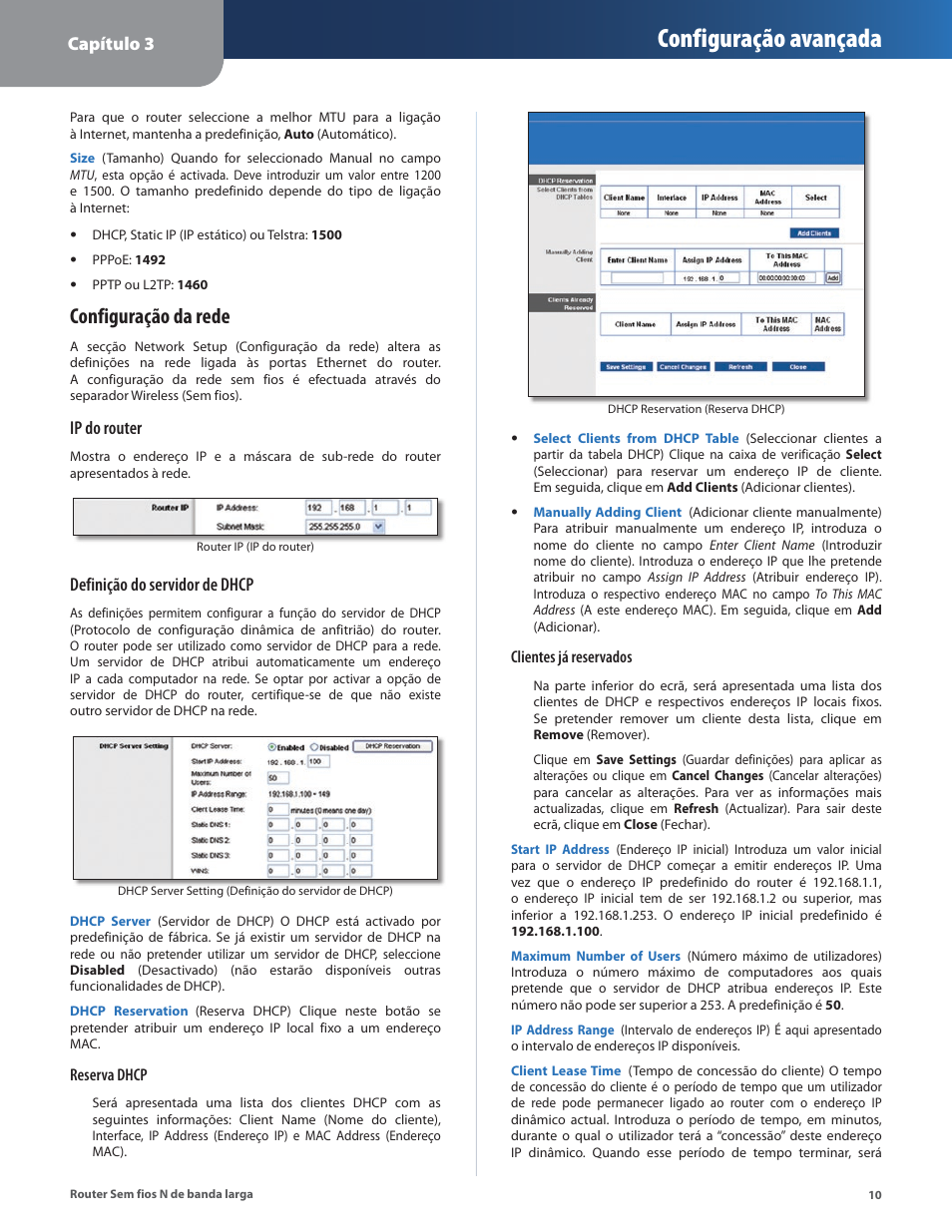 Configuração avançada, Configuração da rede, Capítulo 3 | Ip do router, Definição do servidor de dhcp | Linksys IWIRELESS-N WRT160N User Manual | Page 123 / 168