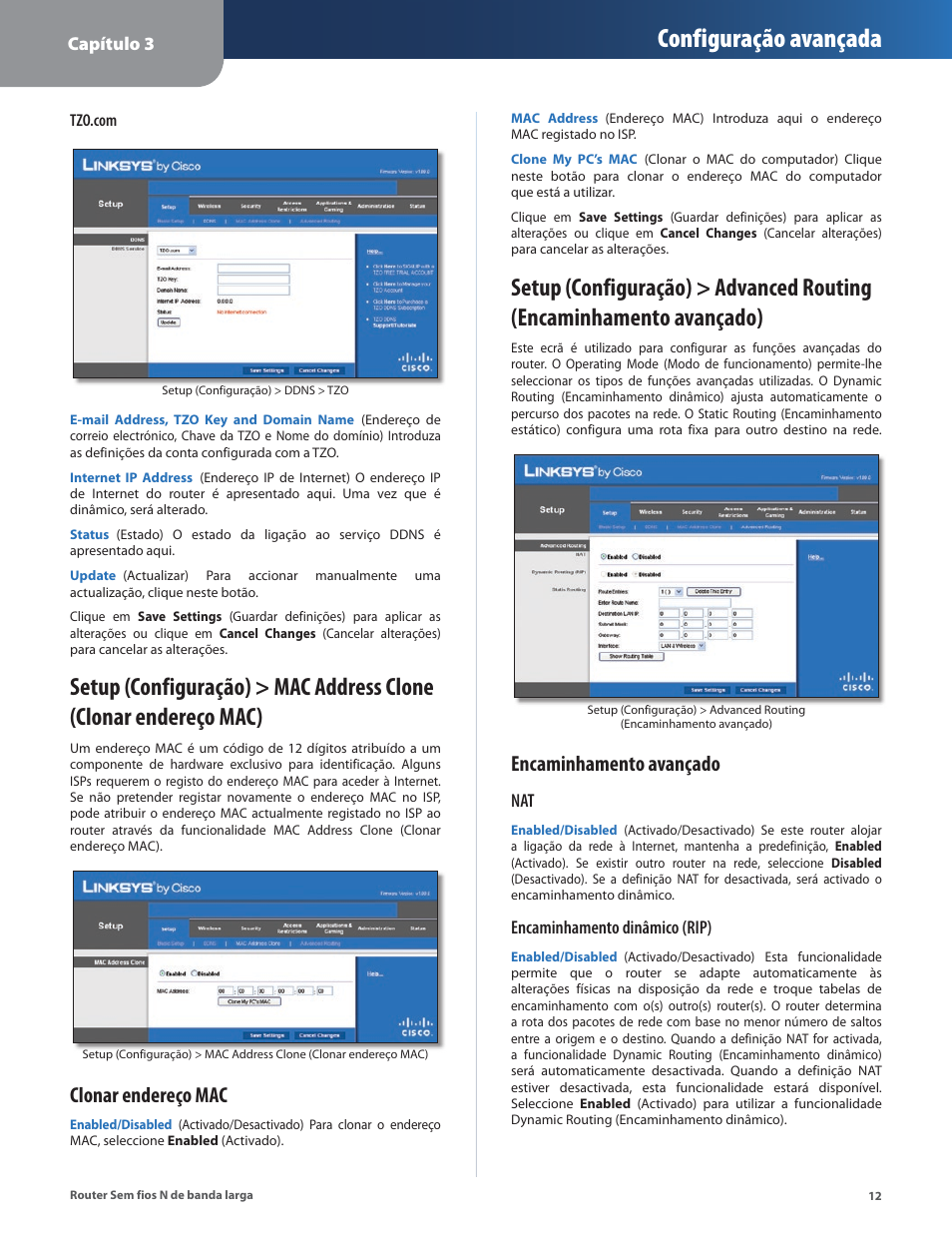 Configuração avançada, Clonar endereço mac, Encaminhamento avançado | Linksys IWIRELESS-N WRT160N User Manual | Page 125 / 168
