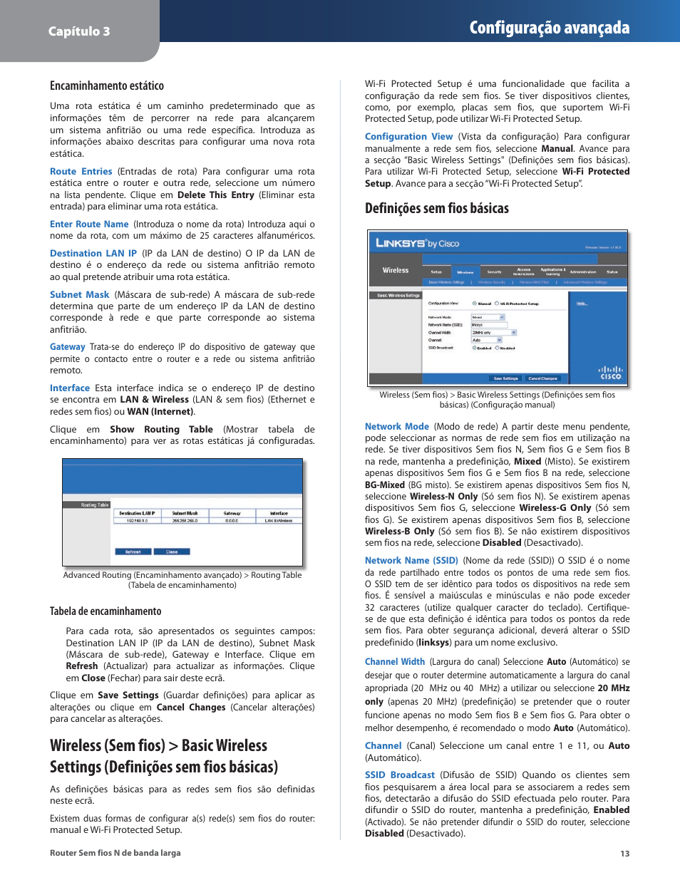Configuração avançada, Definições sem fios básicas, Capítulo 3 | Encaminhamento estático | Linksys IWIRELESS-N WRT160N User Manual | Page 126 / 168