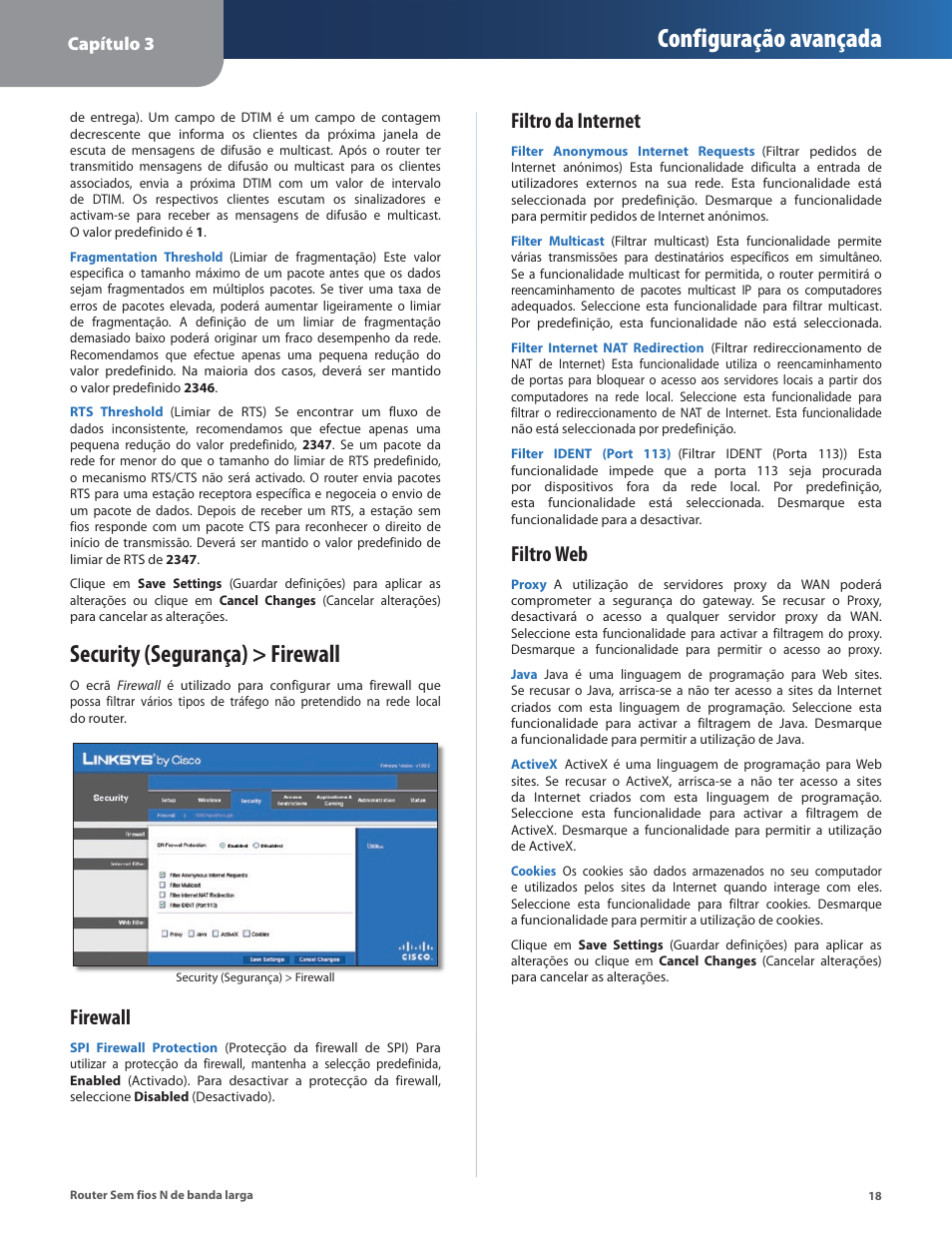 Security (segurança) > firewall, Configuração avançada, Firewall | Filtro da internet, Filtro web, Capítulo 3 | Linksys IWIRELESS-N WRT160N User Manual | Page 131 / 168