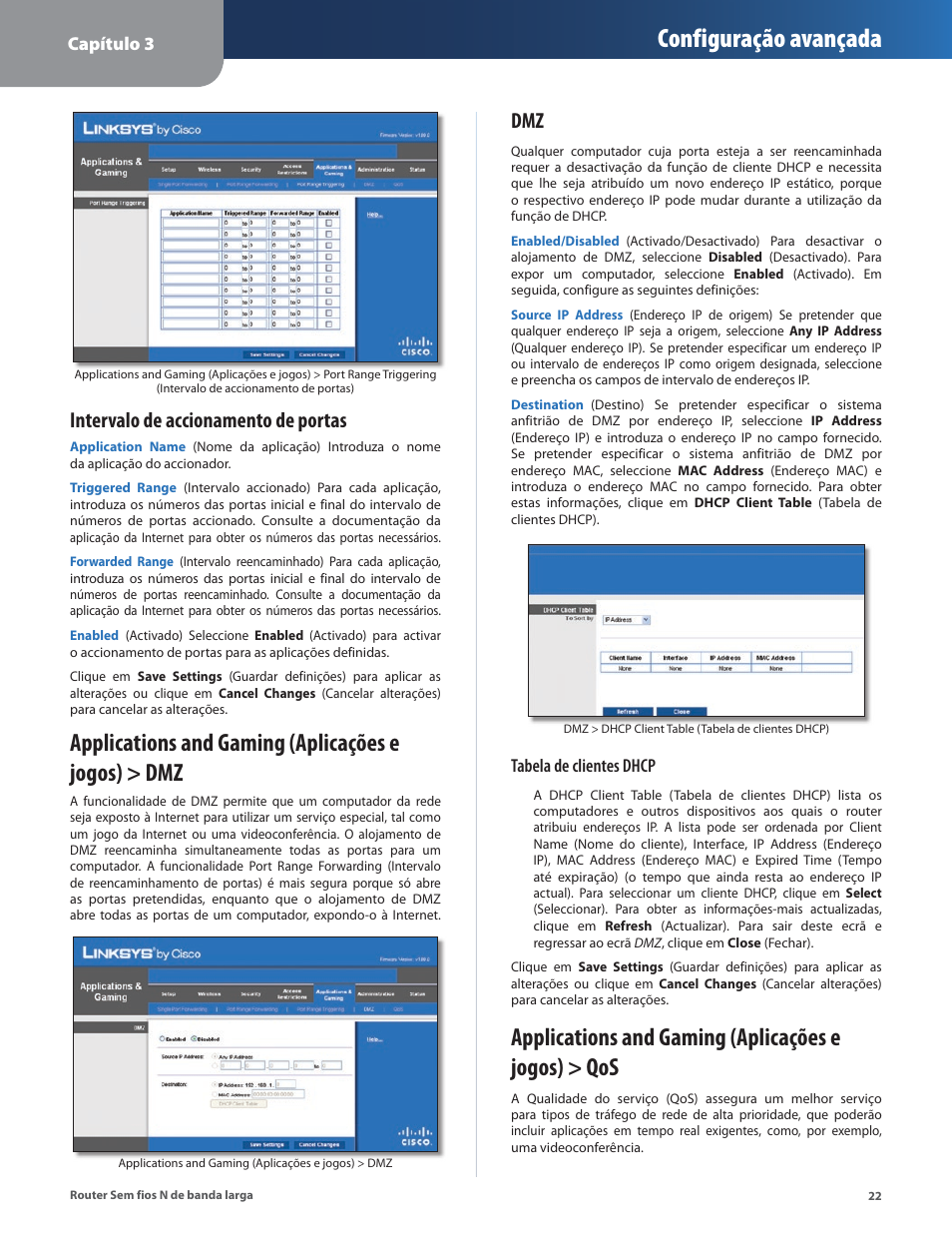 Applications and gaming (aplicações e jogos) > dmz, Applications and gaming (aplicações e jogos) > qos, Configuração avançada | Intervalo de accionamento de portas | Linksys IWIRELESS-N WRT160N User Manual | Page 135 / 168