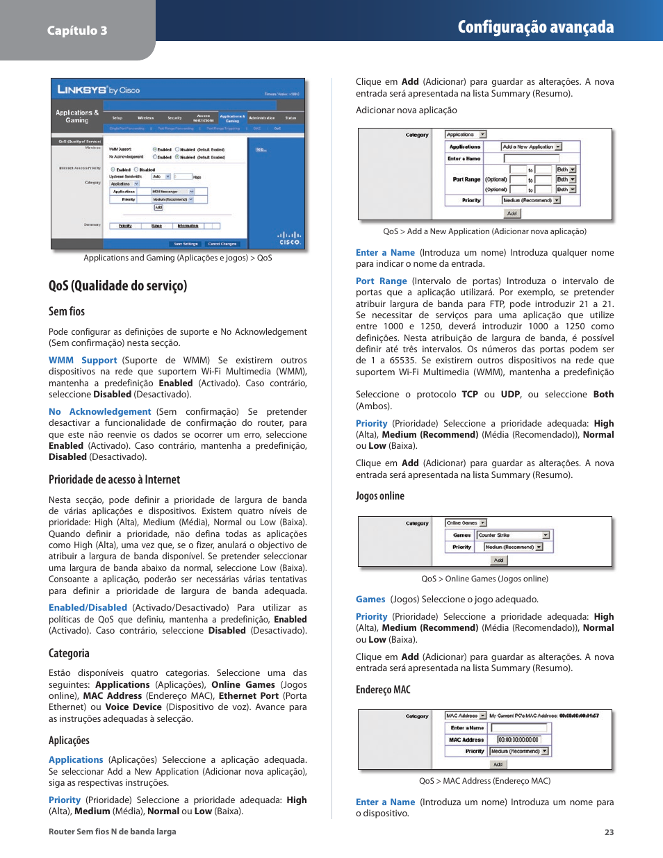 Configuração avançada, Qos (qualidade do serviço), Capítulo 3 | Sem fios, Prioridade de acesso à internet, Categoria | Linksys IWIRELESS-N WRT160N User Manual | Page 136 / 168