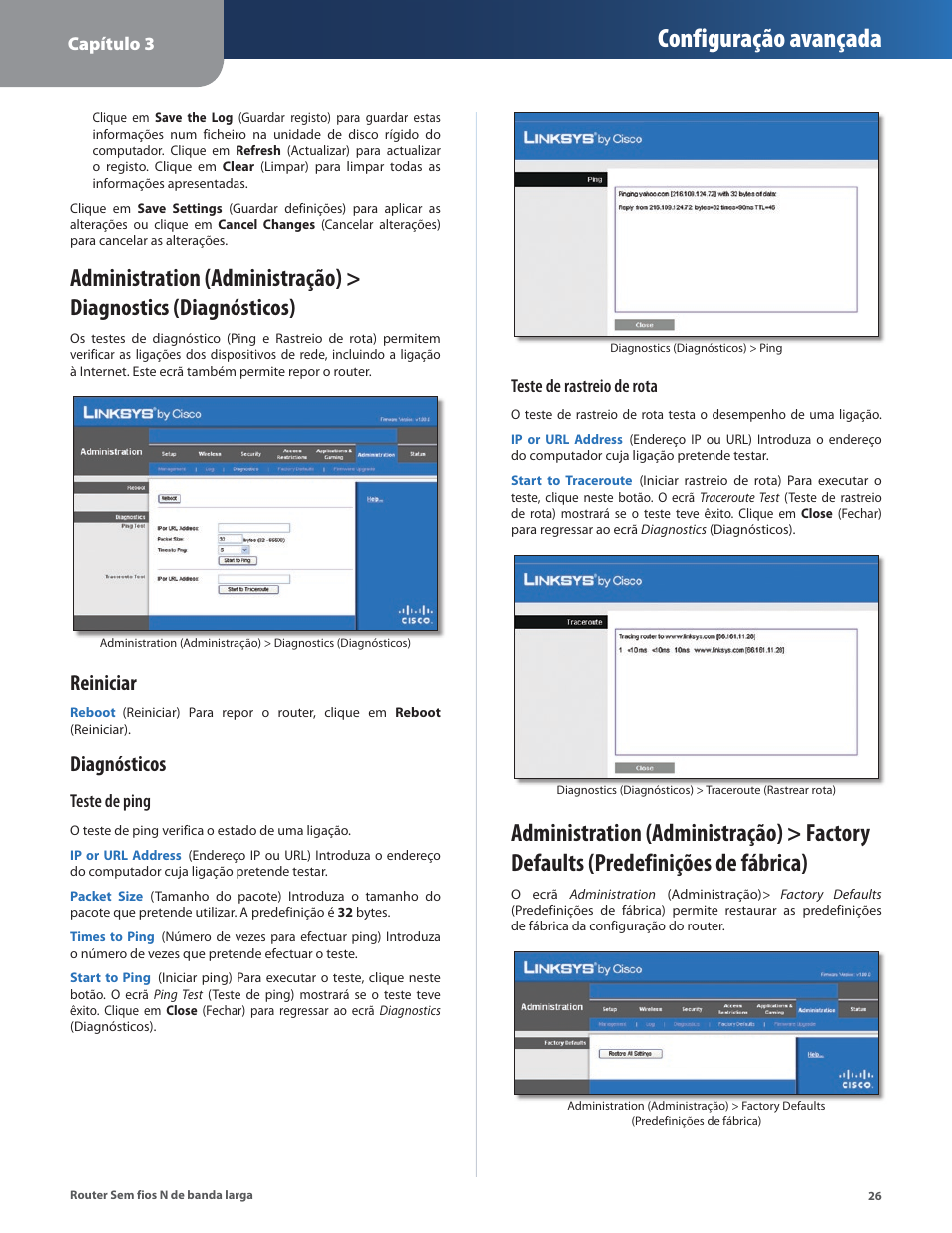 Configuração avançada, Reiniciar, Diagnósticos | Linksys IWIRELESS-N WRT160N User Manual | Page 139 / 168