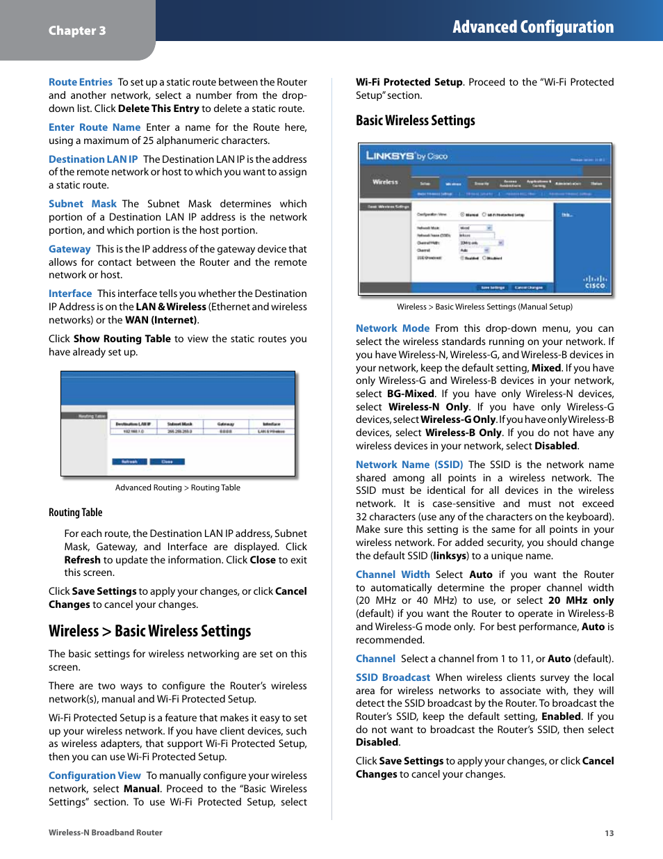Wireless > basic wireless settings, Advanced configuration, Basic wireless settings | Linksys IWIRELESS-N WRT160N User Manual | Page 14 / 168