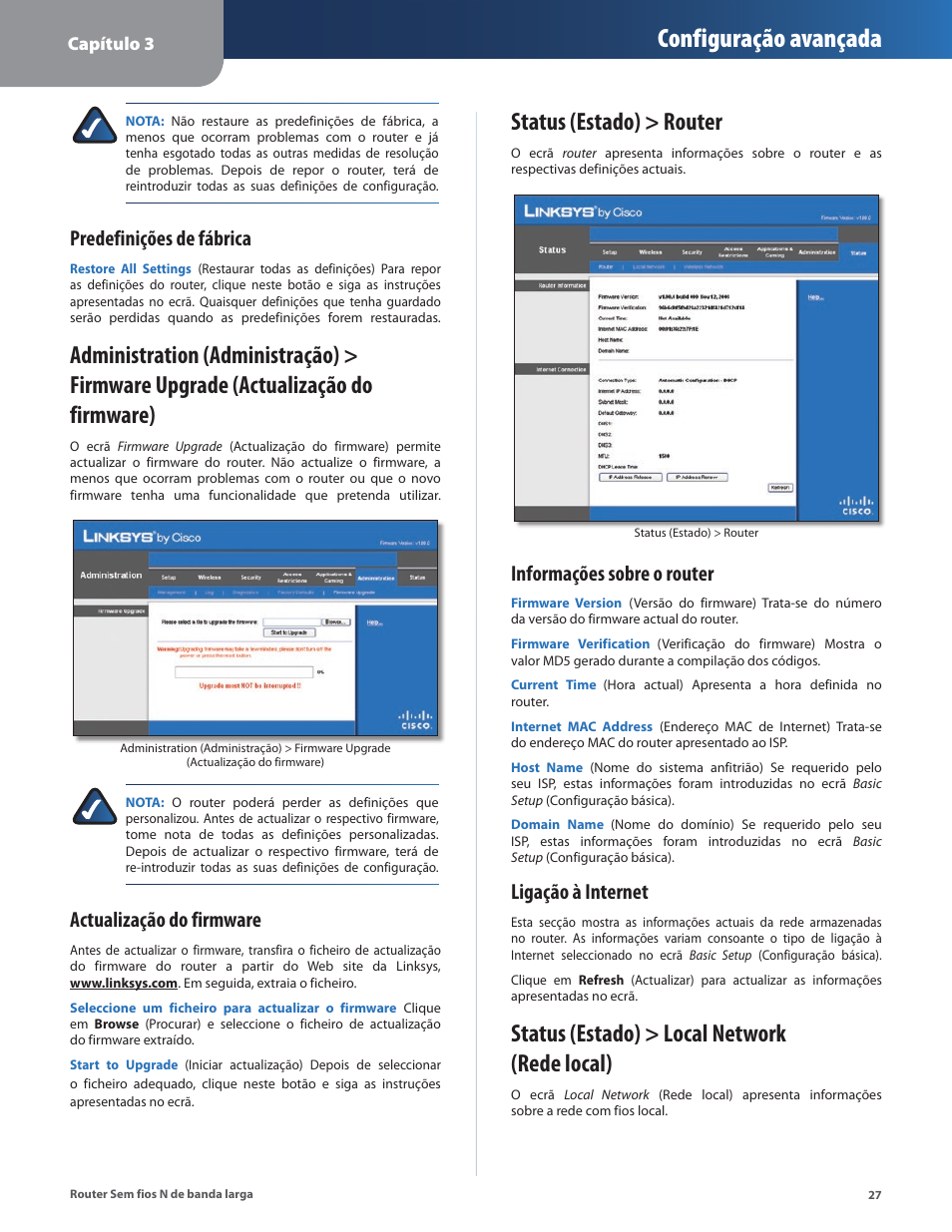 Status (estado) > router, Status (estado) > local network (rede local), Configuração avançada | Predefinições de fábrica, Actualização do firmware, Informações sobre o router, Ligação à internet | Linksys IWIRELESS-N WRT160N User Manual | Page 140 / 168