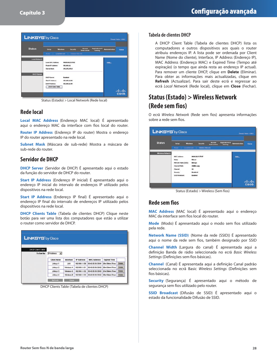 Status (estado) > wireless network (rede sem fios), Configuração avançada, Rede local | Servidor de dhcp, Rede sem fios | Linksys IWIRELESS-N WRT160N User Manual | Page 141 / 168