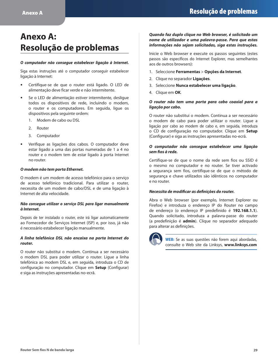 Anexo a: resolução de problemas, Resolução de problemas | Linksys IWIRELESS-N WRT160N User Manual | Page 142 / 168