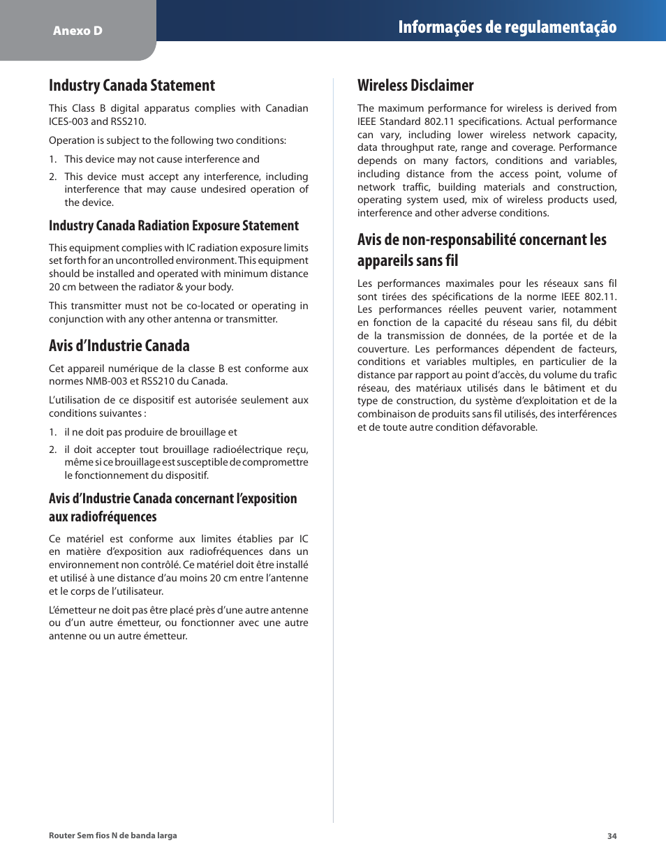 Industry canada statement, Avis d’industrie canada, Wireless disclaimer | Informações de regulamentação, Industry canada radiation exposure statement | Linksys IWIRELESS-N WRT160N User Manual | Page 147 / 168