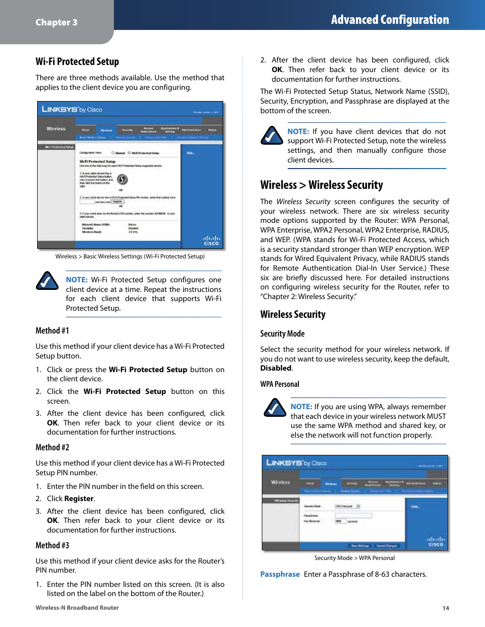 Wireless > wireless security, Advanced configuration, Wi-fi protected setup | Wireless security | Linksys IWIRELESS-N WRT160N User Manual | Page 15 / 168