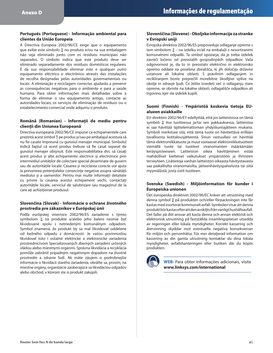 Informações de regulamentação, Anexo d | Linksys IWIRELESS-N WRT160N User Manual | Page 154 / 168