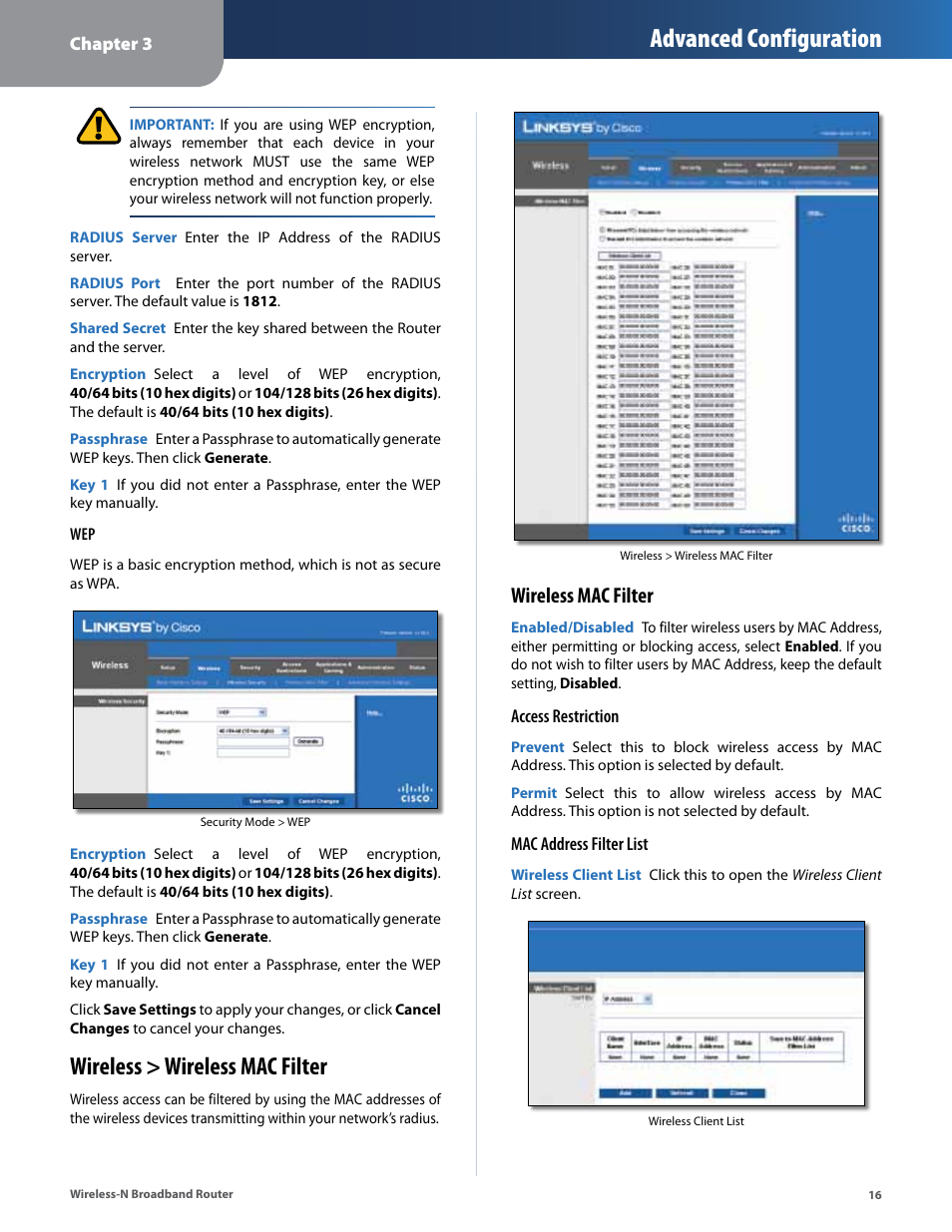 Wireless > wireless mac filter, Advanced configuration, Wireless mac filter | Linksys IWIRELESS-N WRT160N User Manual | Page 17 / 168