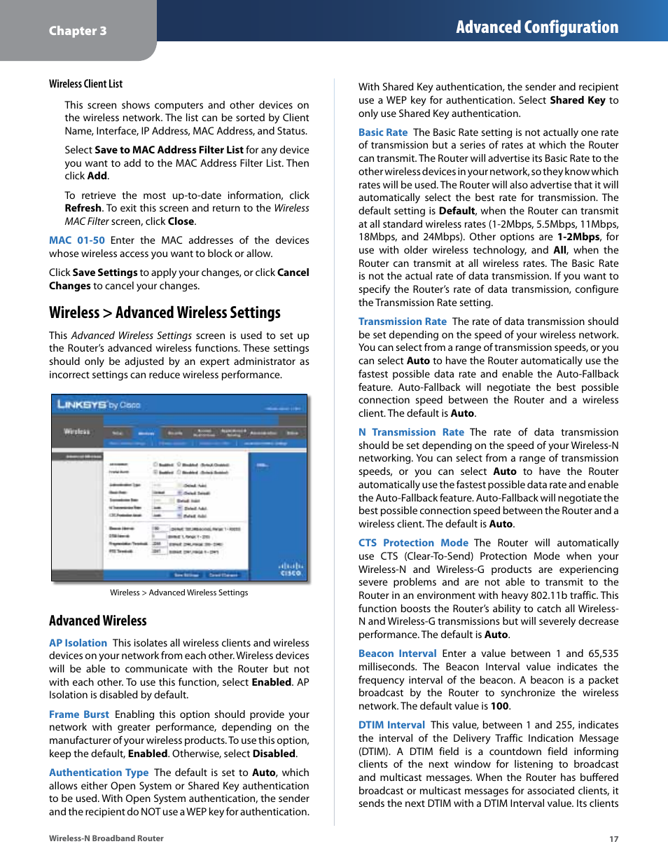 Wireless > advanced wireless settings, Advanced configuration, Advanced wireless | Linksys IWIRELESS-N WRT160N User Manual | Page 18 / 168