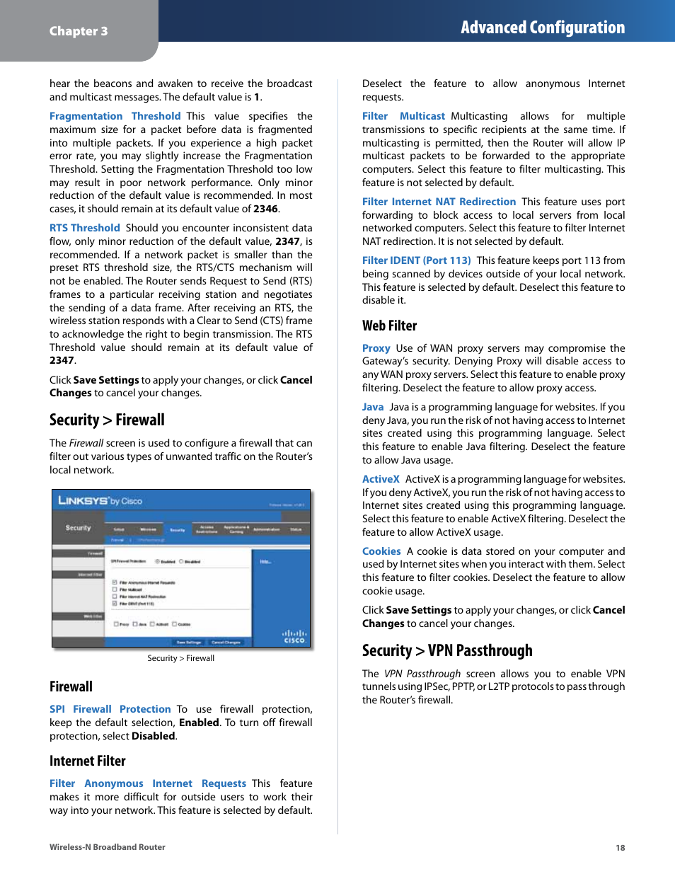 Security > firewall, Security > vpn passthrough, Security > firewall security > vpn passthrough | Advanced configuration, Firewall, Internet filter, Web filter | Linksys IWIRELESS-N WRT160N User Manual | Page 19 / 168