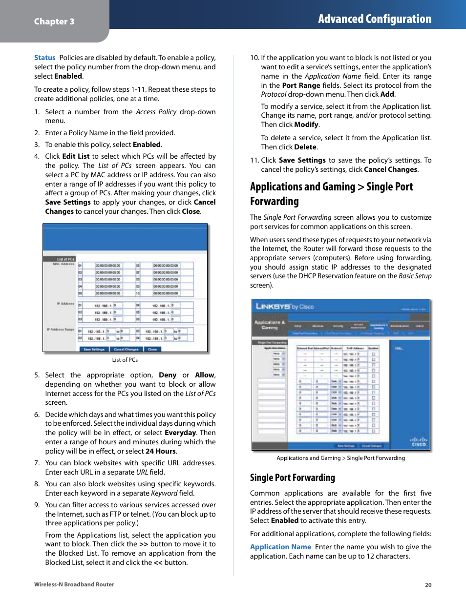 Applications and gaming > single port forwarding, Advanced configuration, Single port forwarding | Linksys IWIRELESS-N WRT160N User Manual | Page 21 / 168