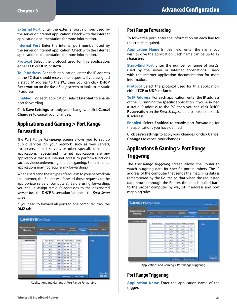 Applications and gaming > port range forwarding, Applications & gaming > port range triggering, Advanced configuration | Port range forwarding, Port range triggering | Linksys IWIRELESS-N WRT160N User Manual | Page 22 / 168