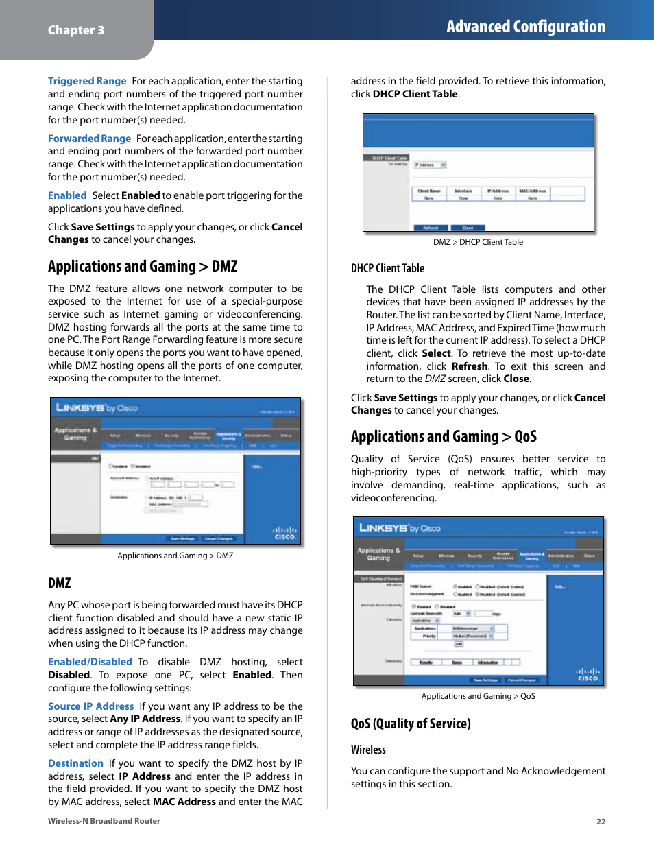 Applications and gaming > dmz, Applications and gaming > qos, Advanced configuration | Qos (quality of service) | Linksys IWIRELESS-N WRT160N User Manual | Page 23 / 168