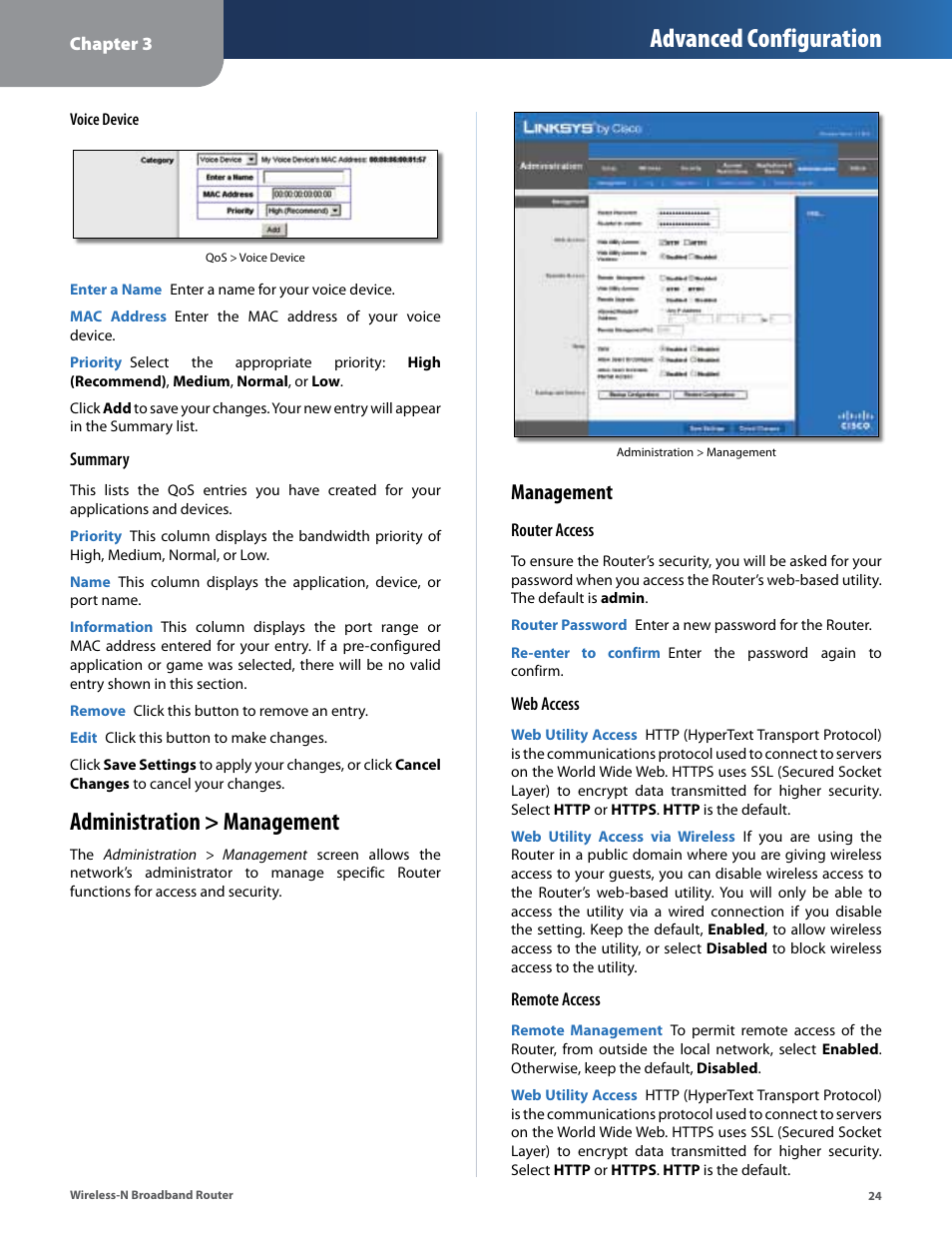 Administration > management, Advanced configuration, Management | Linksys IWIRELESS-N WRT160N User Manual | Page 25 / 168