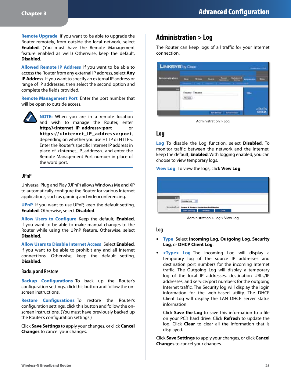 Administration > log, Advanced configuration | Linksys IWIRELESS-N WRT160N User Manual | Page 26 / 168