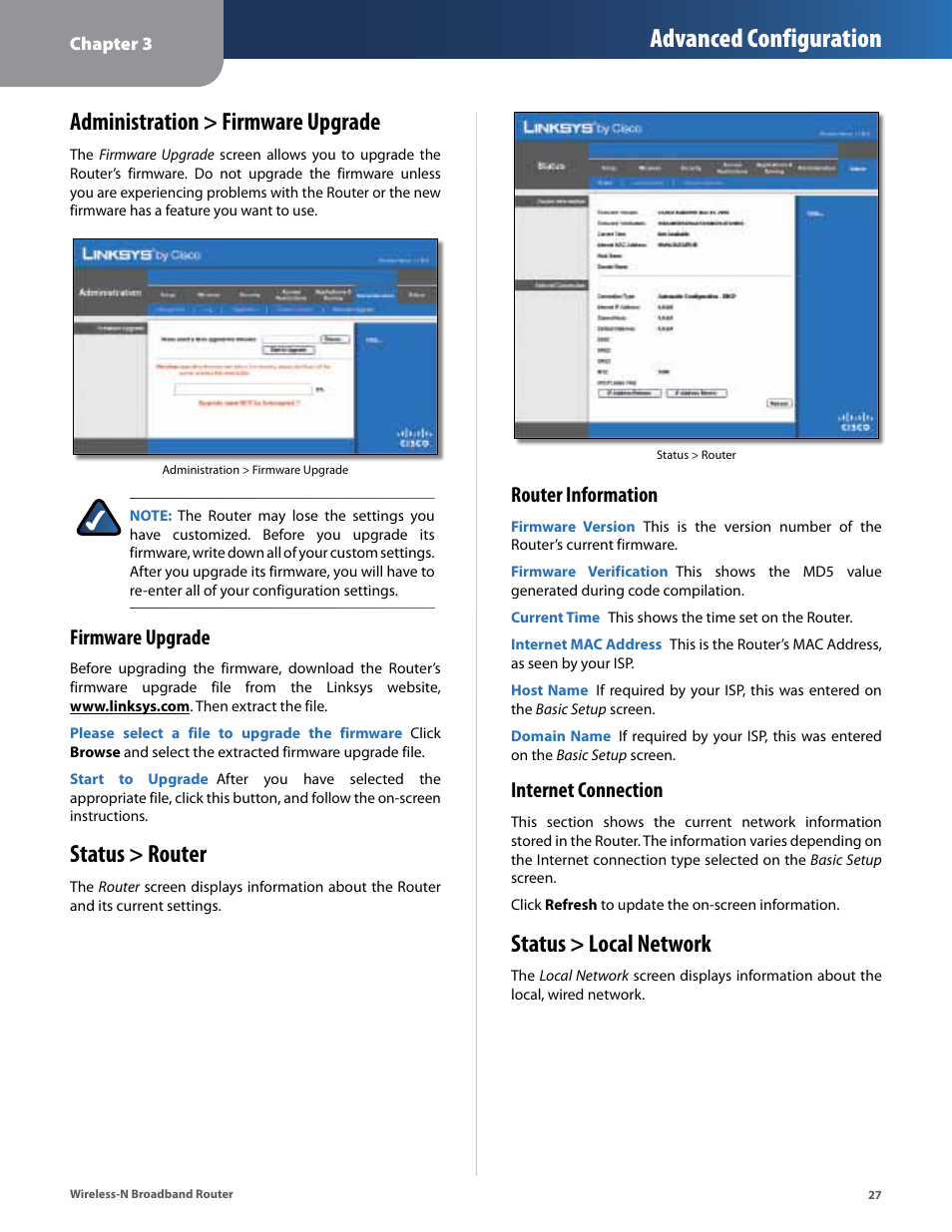 Administration > firmware upgrade, Status > router, Status > local network | Advanced configuration, Firmware upgrade, Router information, Internet connection | Linksys IWIRELESS-N WRT160N User Manual | Page 28 / 168