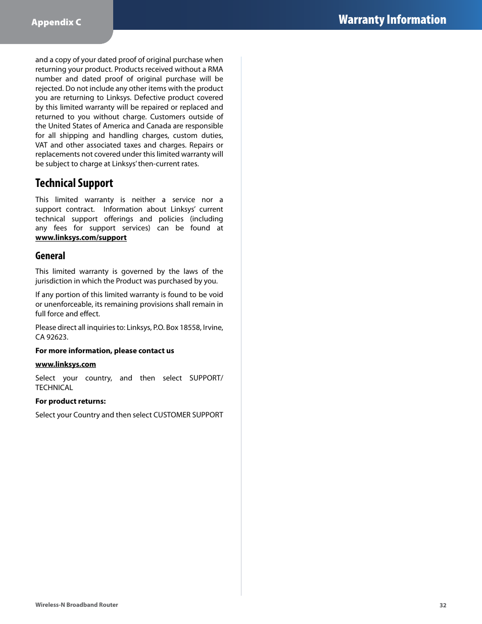 Technical support, Warranty information, General | Linksys IWIRELESS-N WRT160N User Manual | Page 33 / 168