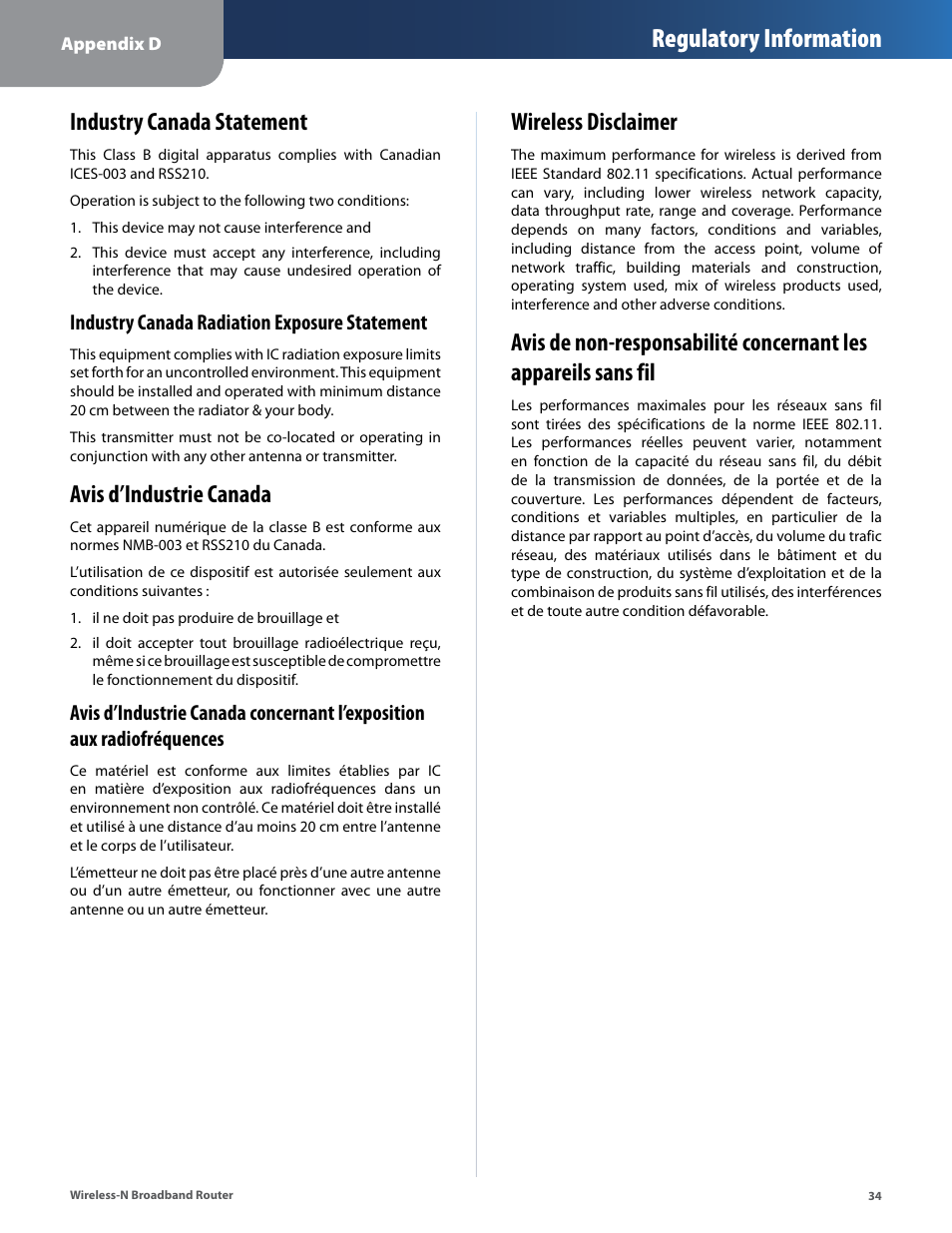 Industry canada statement, Wireless disclaimer, Regulatory information | Avis d’industrie canada, Industry canada radiation exposure statement | Linksys IWIRELESS-N WRT160N User Manual | Page 35 / 168