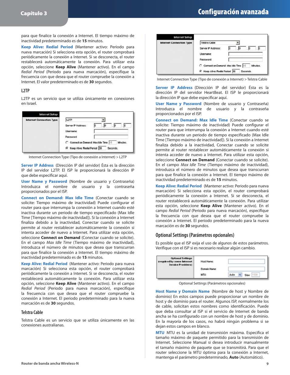 Configuración avanzada, Capítulo 3, Optional settings (parámetros opcionales) | Linksys IWIRELESS-N WRT160N User Manual | Page 66 / 168