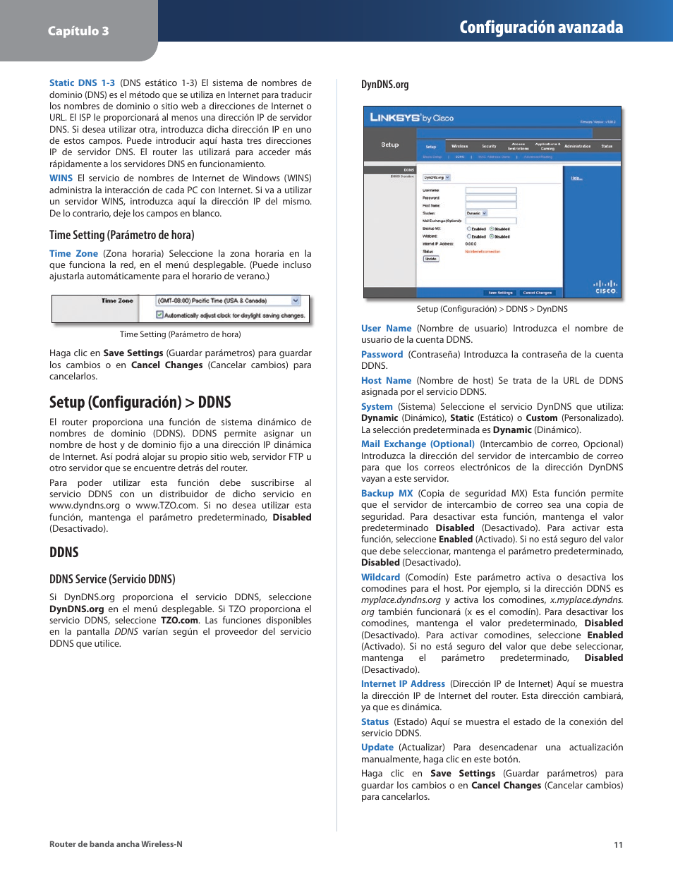 Setup (configuración) > ddns, Configuración avanzada, Ddns | Capítulo 3, Time setting (parámetro de hora), Ddns service (servicio ddns) | Linksys IWIRELESS-N WRT160N User Manual | Page 68 / 168