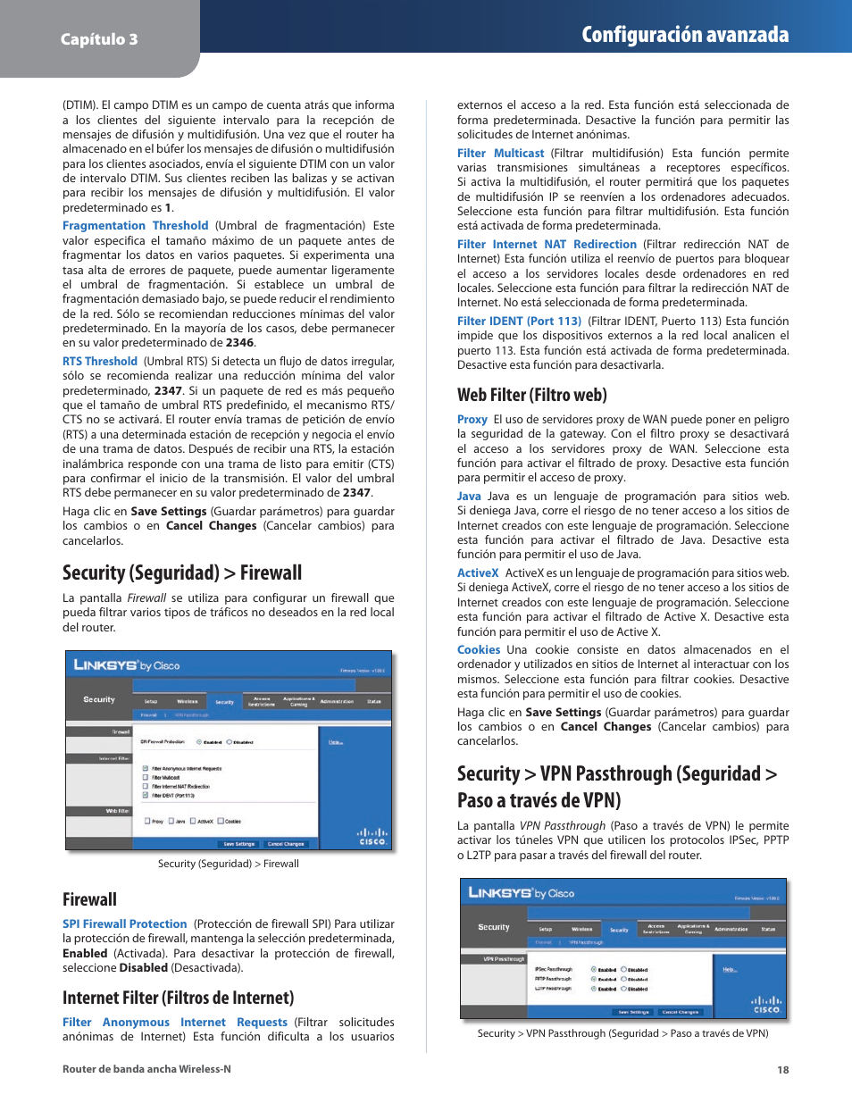 Security (seguridad) > firewall, Configuración avanzada, Firewall | Internet filter (filtros de internet), Web filter (filtro web) | Linksys IWIRELESS-N WRT160N User Manual | Page 75 / 168
