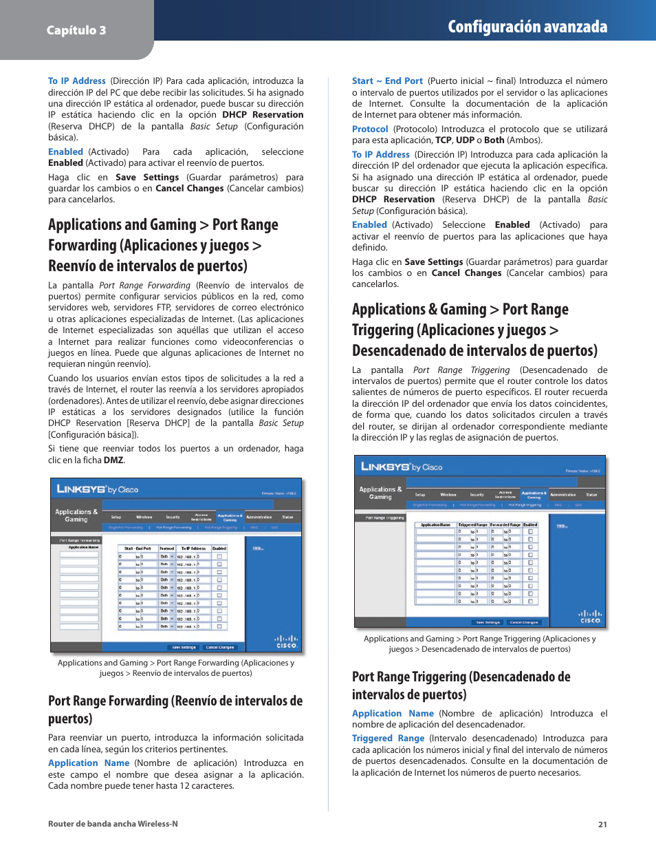 Desencadenado de intervalos de puertos), Configuración avanzada | Linksys IWIRELESS-N WRT160N User Manual | Page 78 / 168