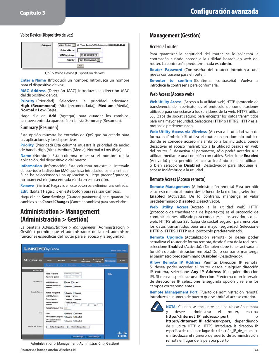 Configuración avanzada, Management (gestión), Capítulo 3 | Summary (resumen), Acceso al router, Web access (acceso web), Remote access (acceso remoto) | Linksys IWIRELESS-N WRT160N User Manual | Page 81 / 168