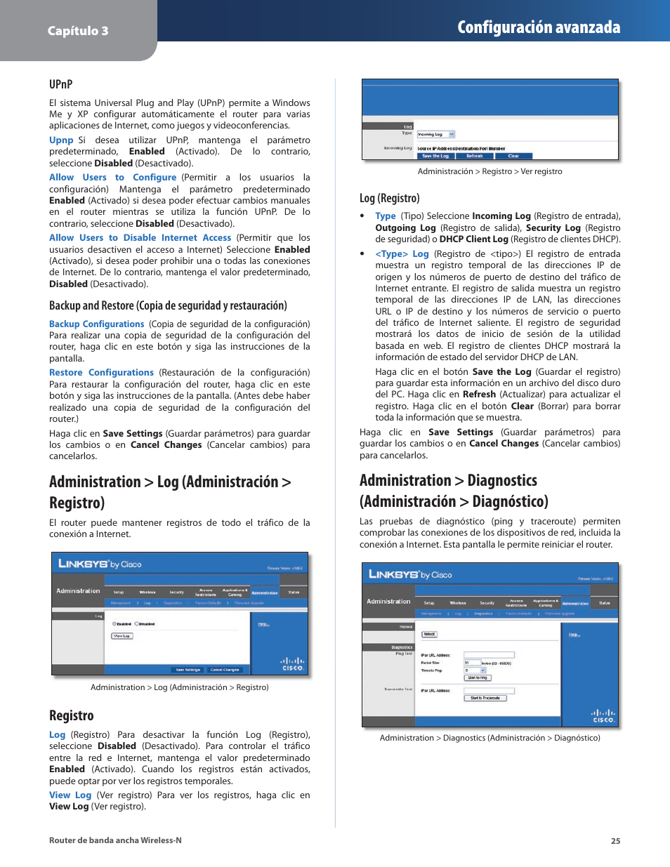 Administration > log (administración > registro), Configuración avanzada, Registro | Linksys IWIRELESS-N WRT160N User Manual | Page 82 / 168