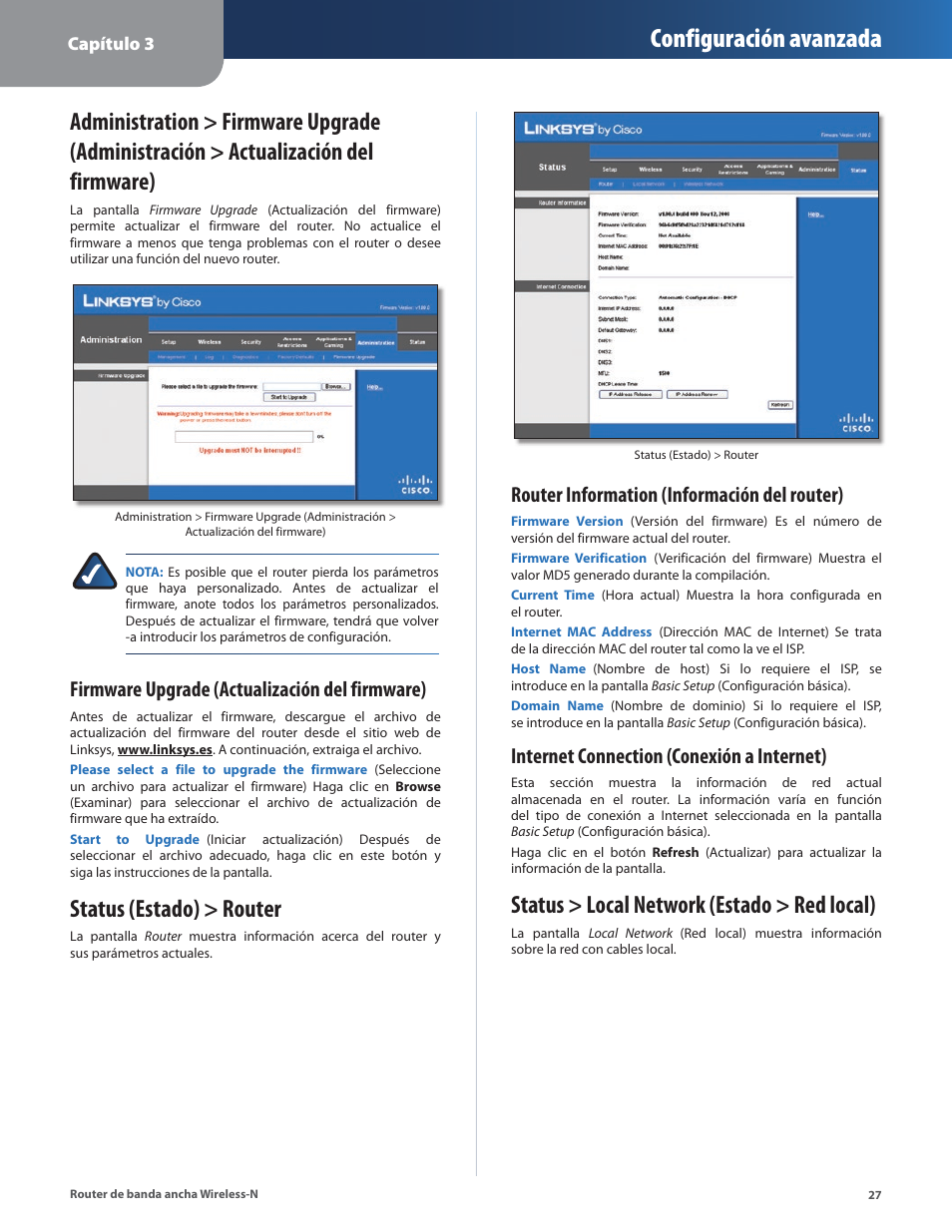 Status (estado) > router, Status > local network (estado > red local), Configuración avanzada | Firmware upgrade (actualización del firmware), Router information (información del router), Internet connection (conexión a internet) | Linksys IWIRELESS-N WRT160N User Manual | Page 84 / 168