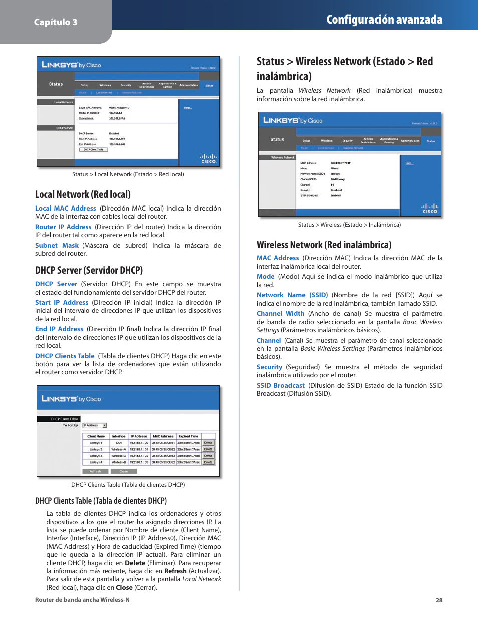 Configuración avanzada, Local network (red local), Dhcp server (servidor dhcp) | Wireless network (red inalámbrica) | Linksys IWIRELESS-N WRT160N User Manual | Page 85 / 168