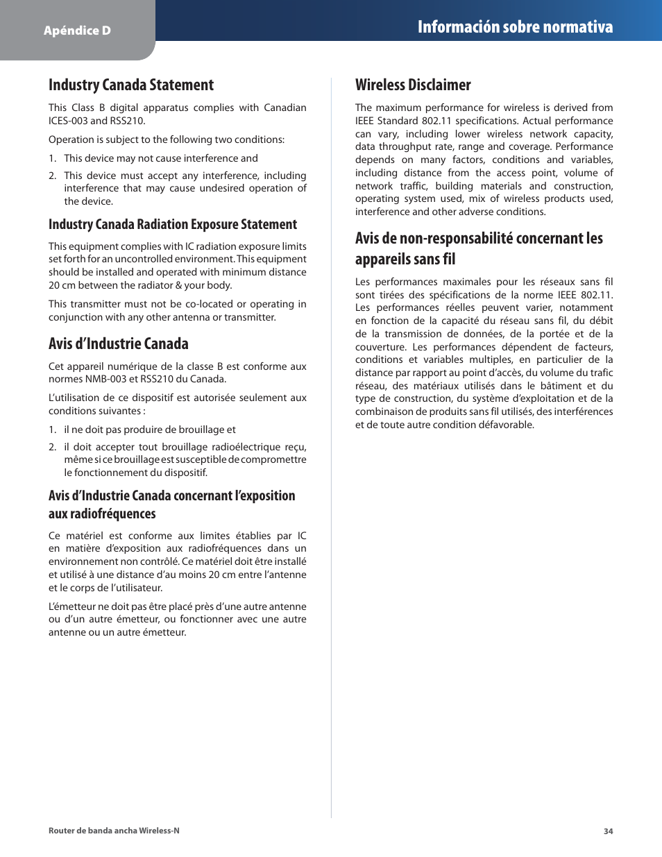 Industry canada statement, Avis d’industrie canada, Wireless disclaimer | Información sobre normativa, Industry canada radiation exposure statement | Linksys IWIRELESS-N WRT160N User Manual | Page 91 / 168
