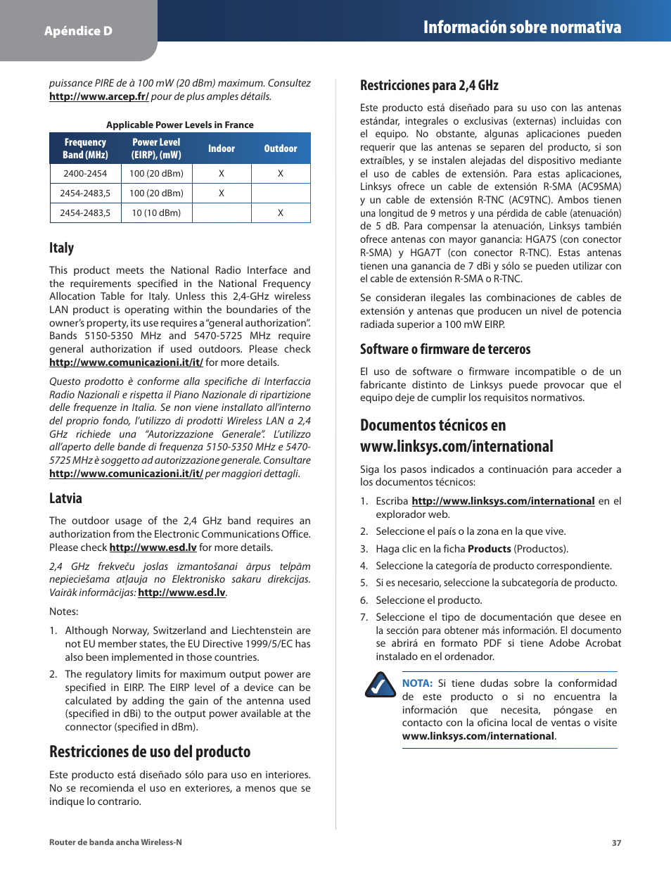 Restricciones de uso del producto, Información sobre normativa, Italy | Latvia, Restricciones para 2,4 ghz, Software o firmware de terceros | Linksys IWIRELESS-N WRT160N User Manual | Page 94 / 168