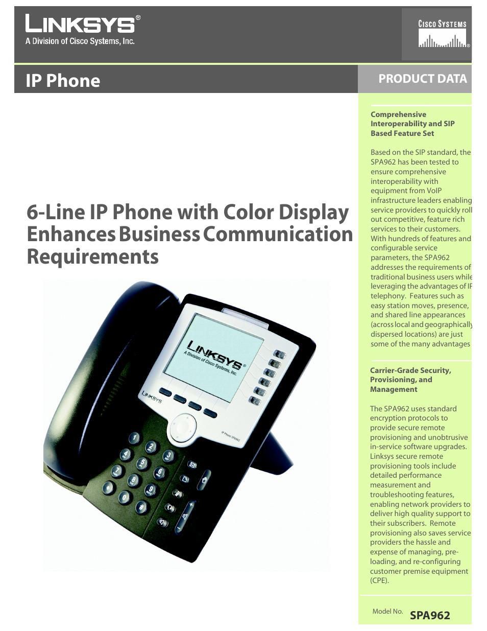 Linksys 6-Line IP Phone with Color Display SPA962 User Manual | 5 pages