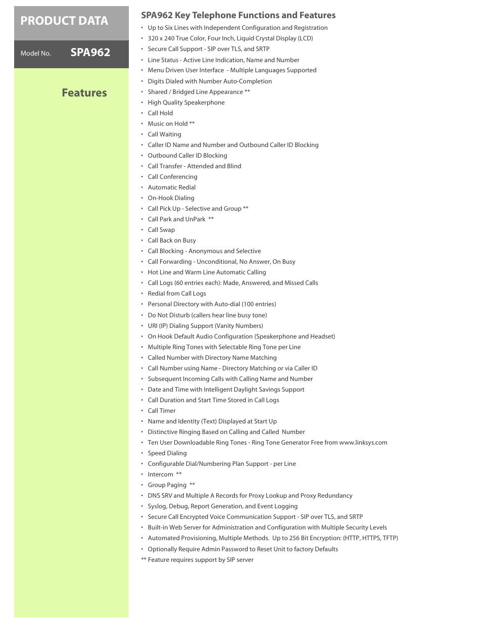 Product data, Features spa962 | Linksys 6-Line IP Phone with Color Display SPA962 User Manual | Page 2 / 5