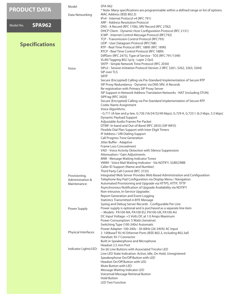 Product data, Specifications, Spa962 | Linksys 6-Line IP Phone with Color Display SPA962 User Manual | Page 4 / 5
