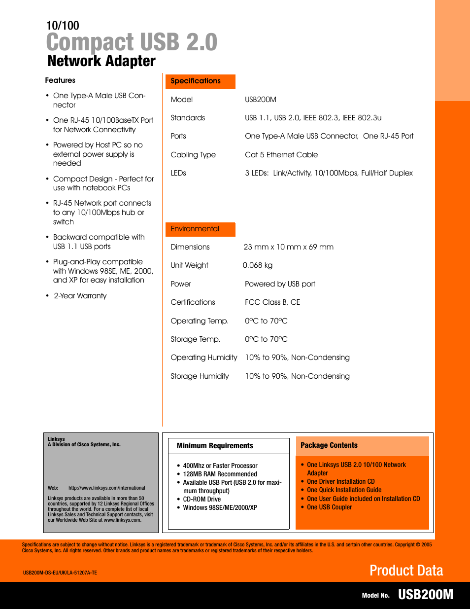 Compact usb 2.0, Network adapter, Product data | Usb200m | Linksys USB200M User Manual | Page 2 / 2