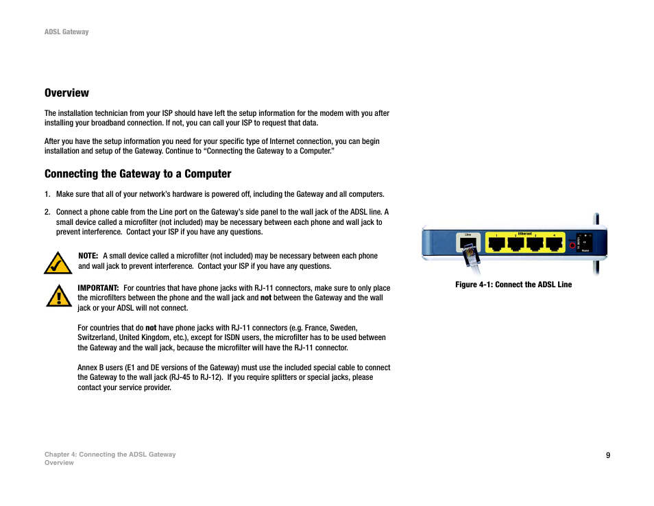 Chapter 4: connecting the adsl gateway, Figure 4-1: connect the adsl line | Linksys AG300 User Manual | Page 15 / 78